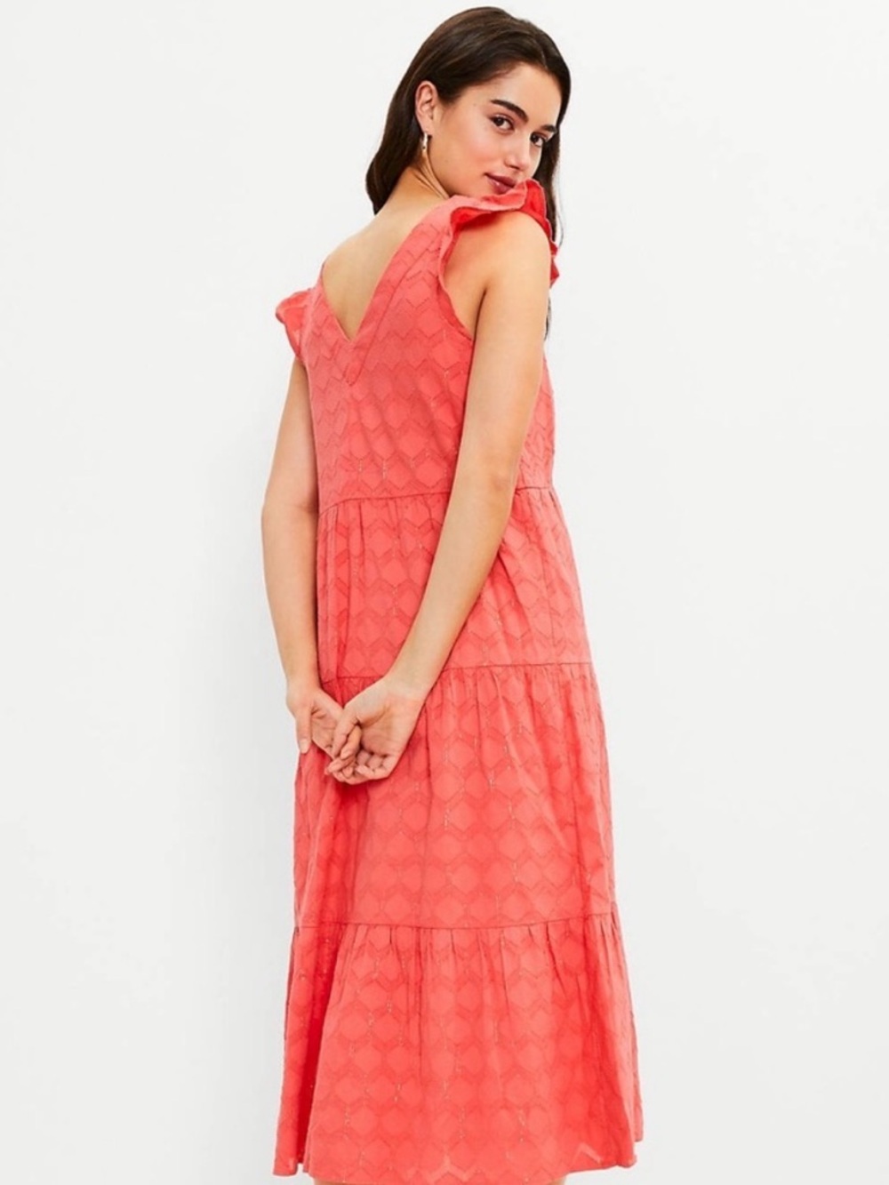 Women’s LOFT Coral with Gold Shimmer Clip Flutter Midi Dress Size Medium - Picture 2 of 6